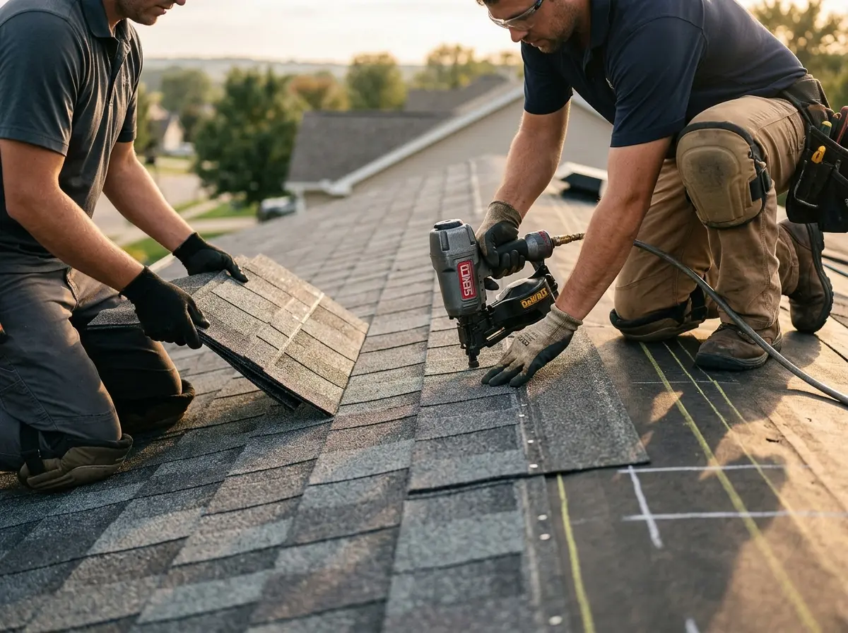 Professional roofer working on a residential roof in Cannon